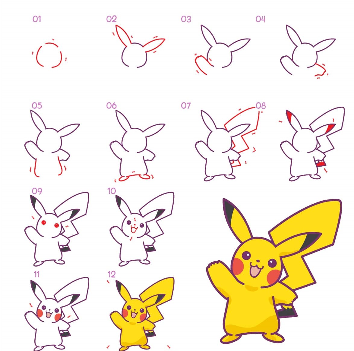 Bạn có muốn vẽ Pikachu trông giống như trong bộ phim hoạt hình Pokemon không? Hãy theo dõi từng bước vẽ trong hướng dẫn này và bạn sẽ thành công một cách dễ dàng. Chỉ cần bút vẽ, giấy và thật nhiều niềm vui, bạn sẽ tạo ra một bức tranh tuyệt vời của nhân vật Pikachu một cách đơn giản.